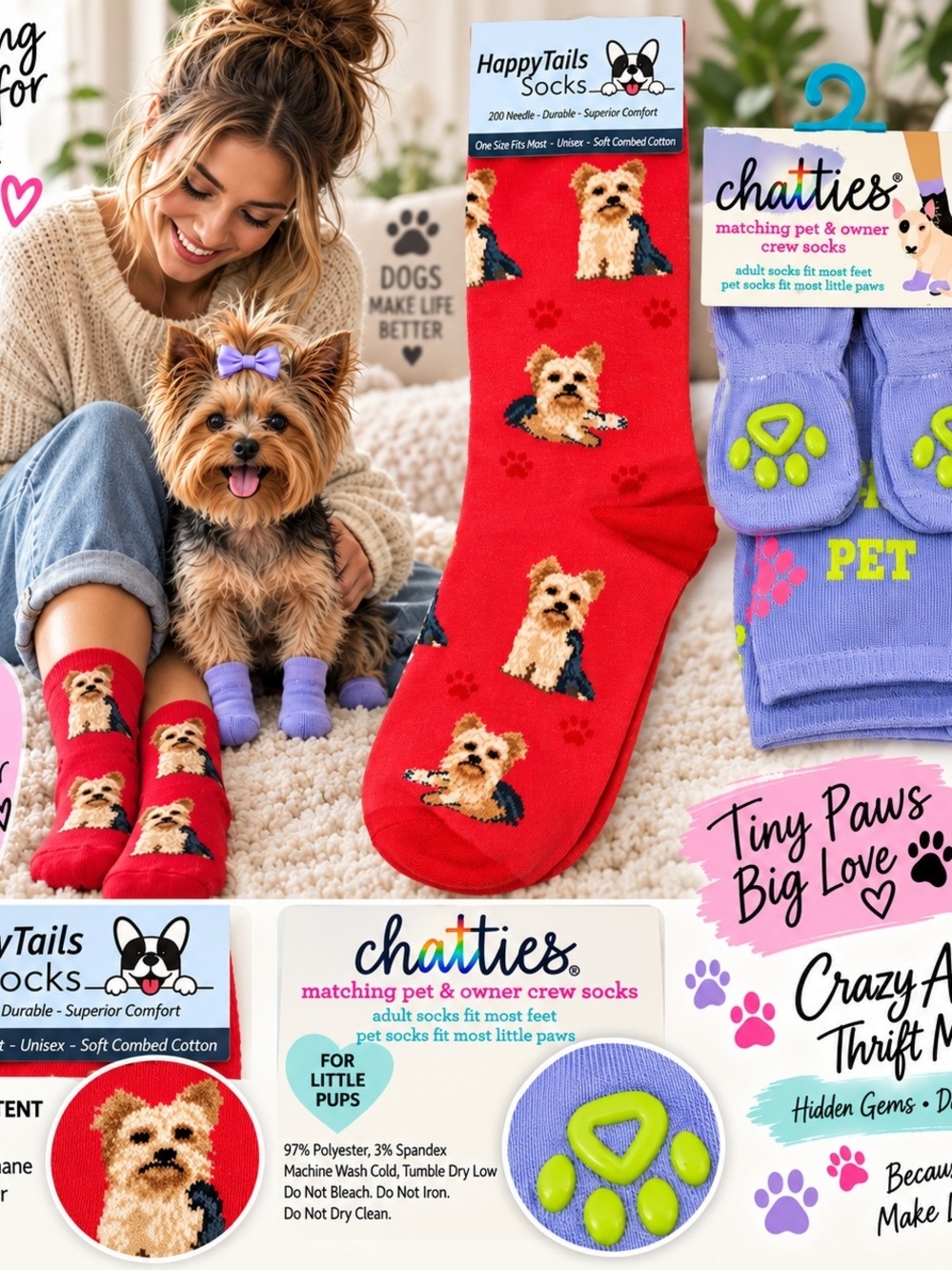 Chatties Matching Pet & Owner Crew Socks - Red Paw Dog Design